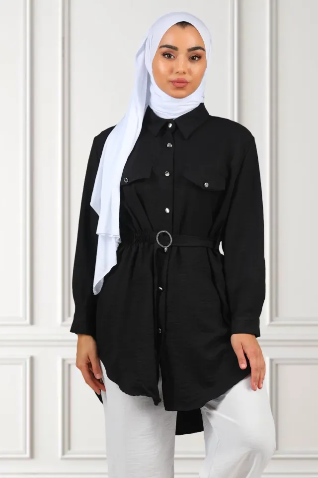 Kadın Gömlek Yaka Bel Lastikli Kuşak Detaylı Tesettür Tunik Siyah