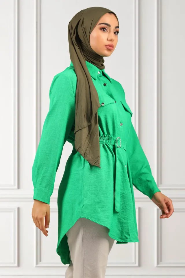 Kadın Gömlek Yaka Bel Lastikli Kuşak Detaylı Tesettür Tunik Yeşil