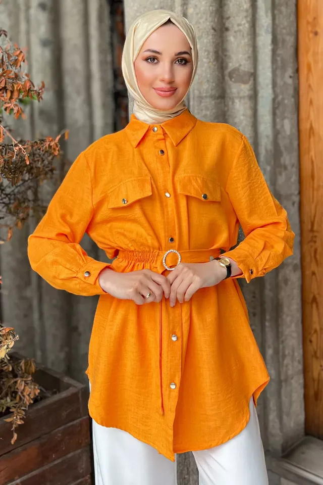 Kadın Gömlek Yaka Bel Lastikli Kuşak Detaylı Tesettür Tunik Orange