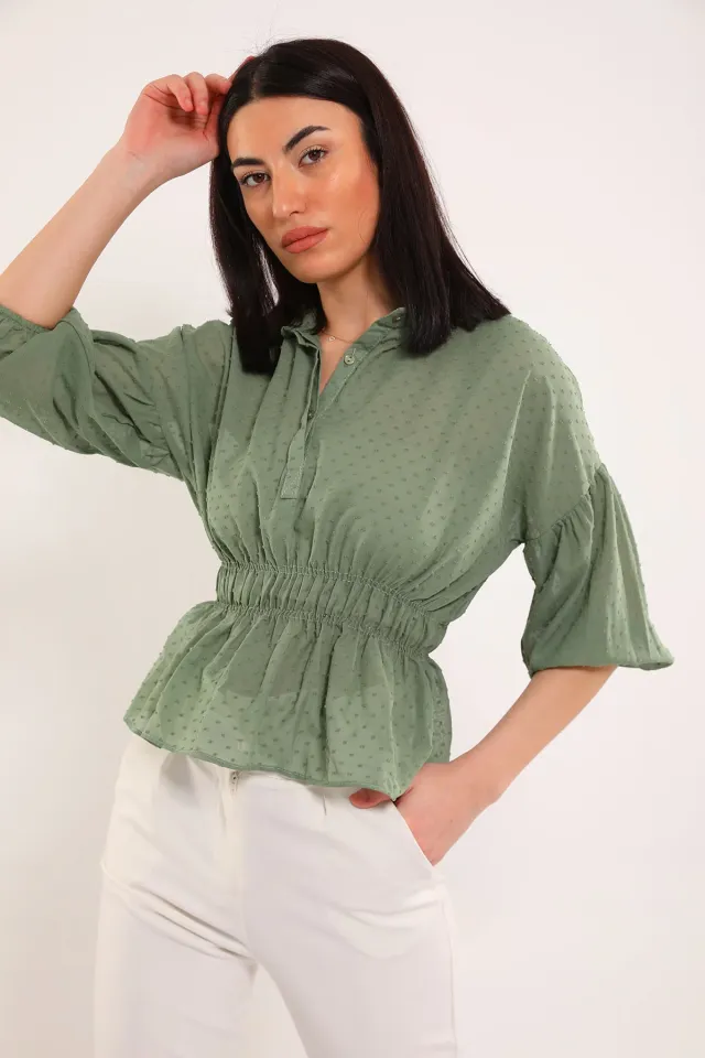 Kadın Gömlek Yaka Bel Ve Kol Lastikli Ponponlu Kısa Bluz Mint
