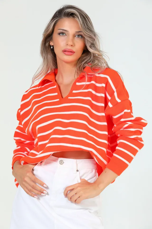 Kadın Gömlek Yaka Çizgili Salaş Triko Kazak Orange