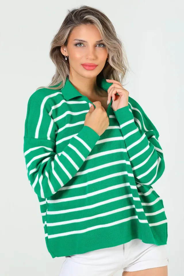 Kadın Gömlek Yaka Çizgili Salaş Triko Kazak Yeşil