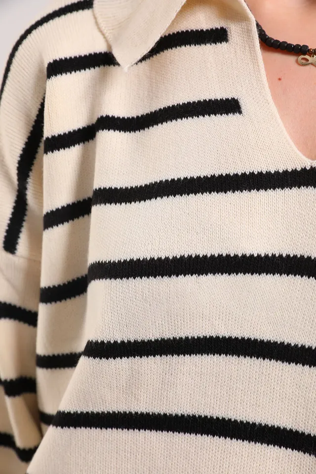 Kadın Gömlek Yaka Çizgili Triko Bluz Ekru