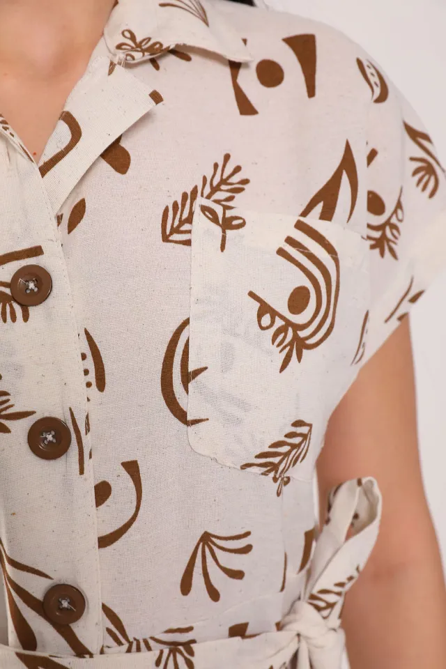 Kadın Gömlek Yaka Ön Düğmeli Bel Kuşak Detaylı Kısa Kol Tulum Kremkahve