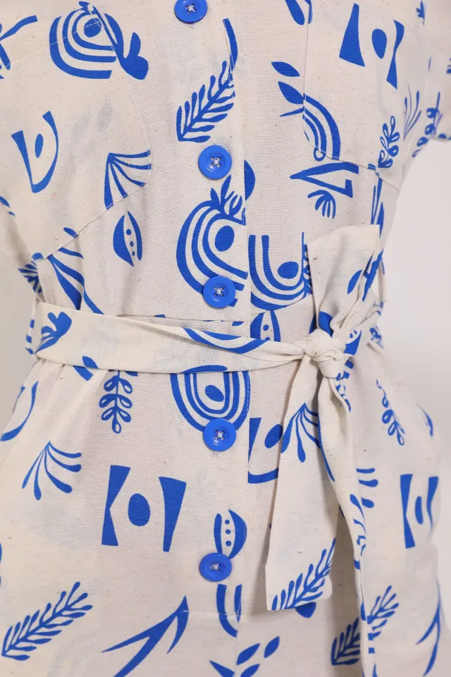 Kadın Gömlek Yaka Ön Düğmeli Bel Kuşak Detaylı Kısa Kol Tulum Kremsaks
