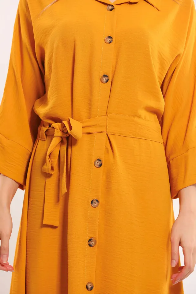 Kadın Gömlek Yaka Ön Düğmeli Bel Kuşak Detaylı Elbise Hardal