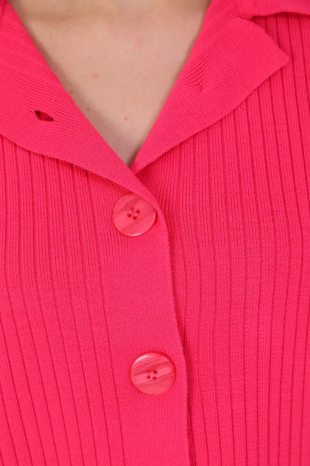 Kadın Gömlek Yaka Ön Düğmeli Fitilii İkili Triko Takım Fuşya