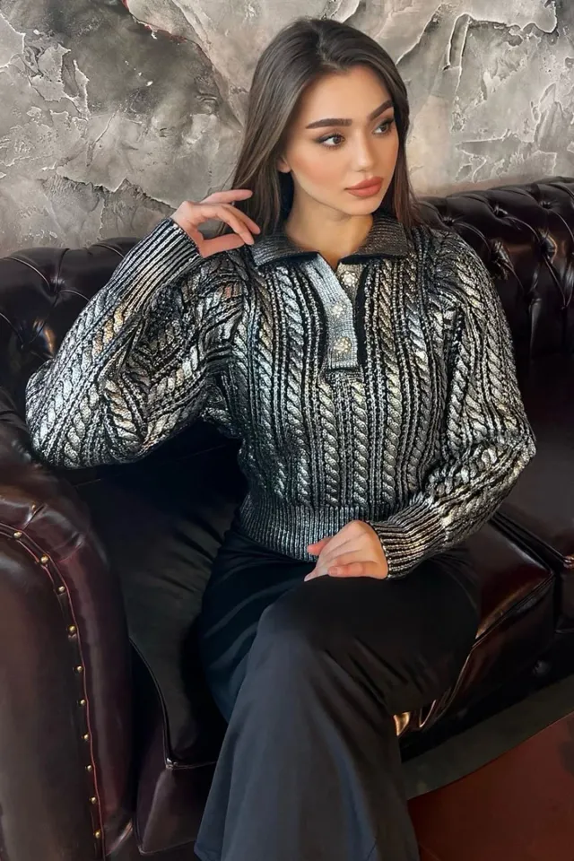 Kadın Gömlek Yaka Simli Crop Top Triko Kazak Siyah