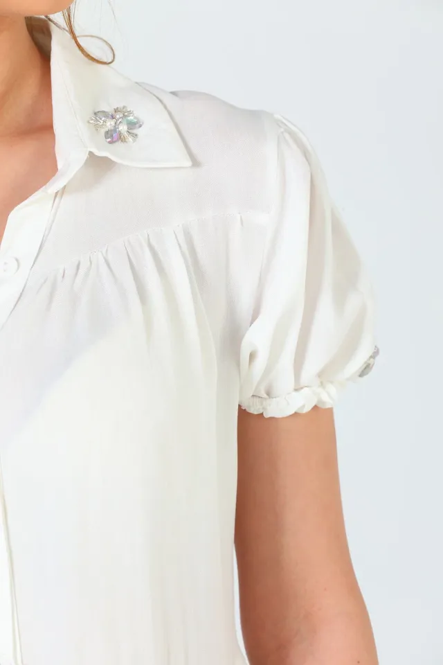 Kadın Gömlek Yaka Taş Detaylı Kısa Elbise Beyaz