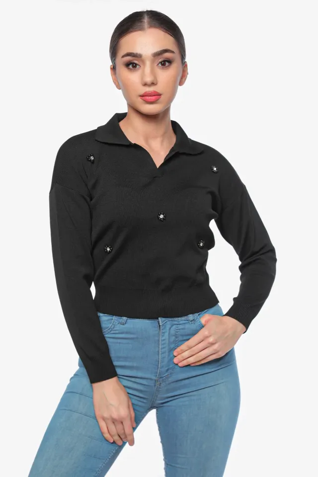 Kadın Gömlek Yaka Taş Detaylı Triko Bluz Siyah