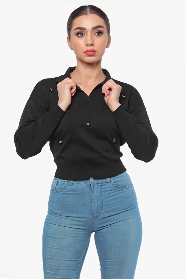 Kadın Gömlek Yaka Taş Detaylı Triko Bluz Siyah