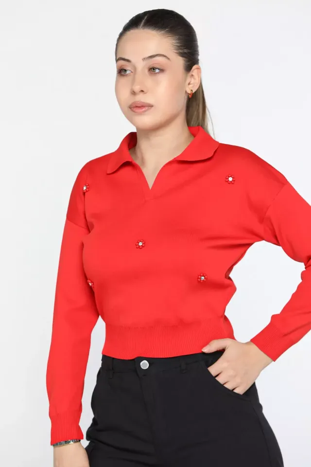 Kadın Gömlek Yaka Taş Detaylı Triko Bluz Kırmızı
