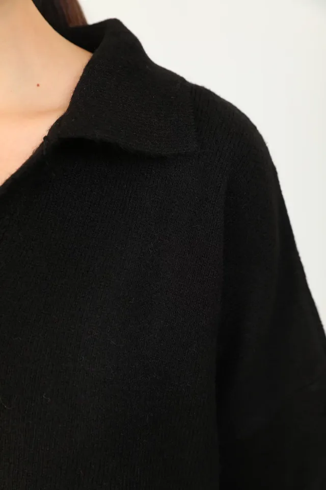 Kadın Gömlek Yaka Triko Bluz Siyah