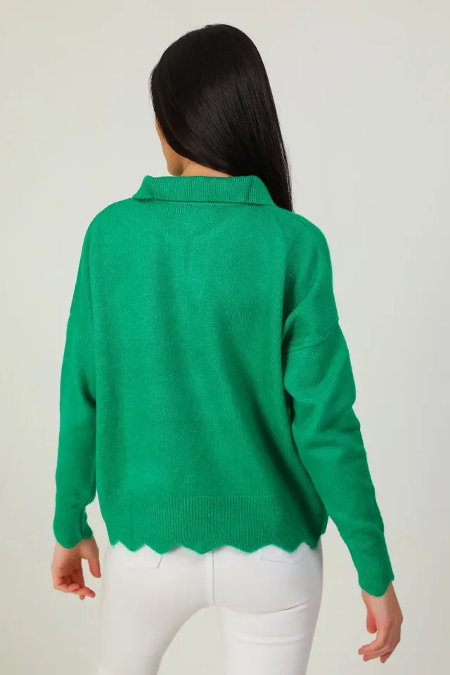 Kadın Gömlek Yaka Triko Bluz Yeşil