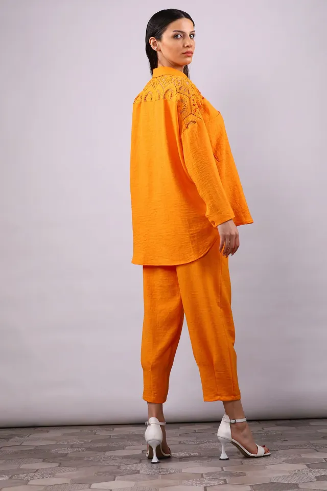Kadın Güpürlü Gömlek Pantolon İkili Takım Orange