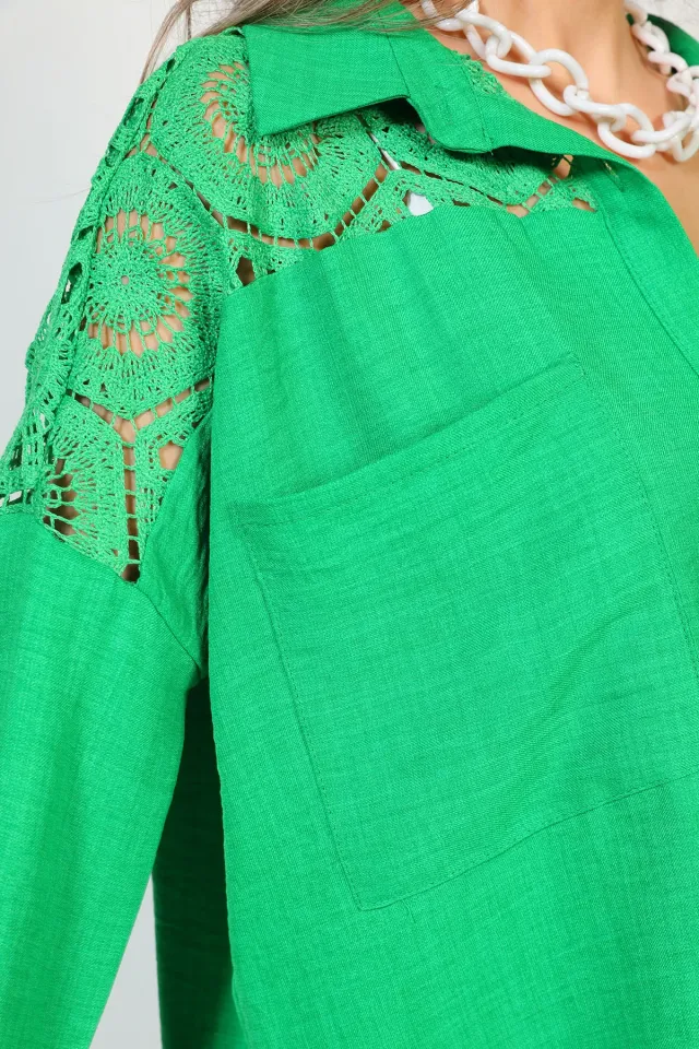 Kadın Güpürlü Gömlek Pantolon İkili Takım Yeşil