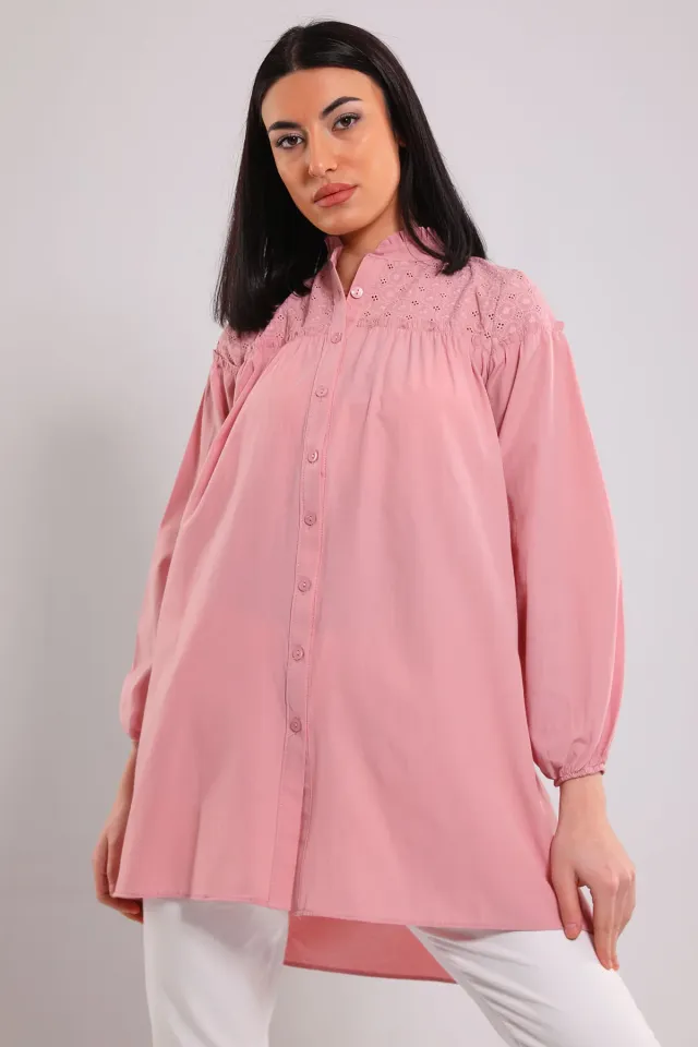 Kadın Hakim Yaka Dantel Detaylı Gömlek Tunik Pudra