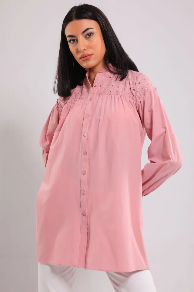 Kadın Hakim Yaka Dantel Detaylı Gömlek Tunik Pudra