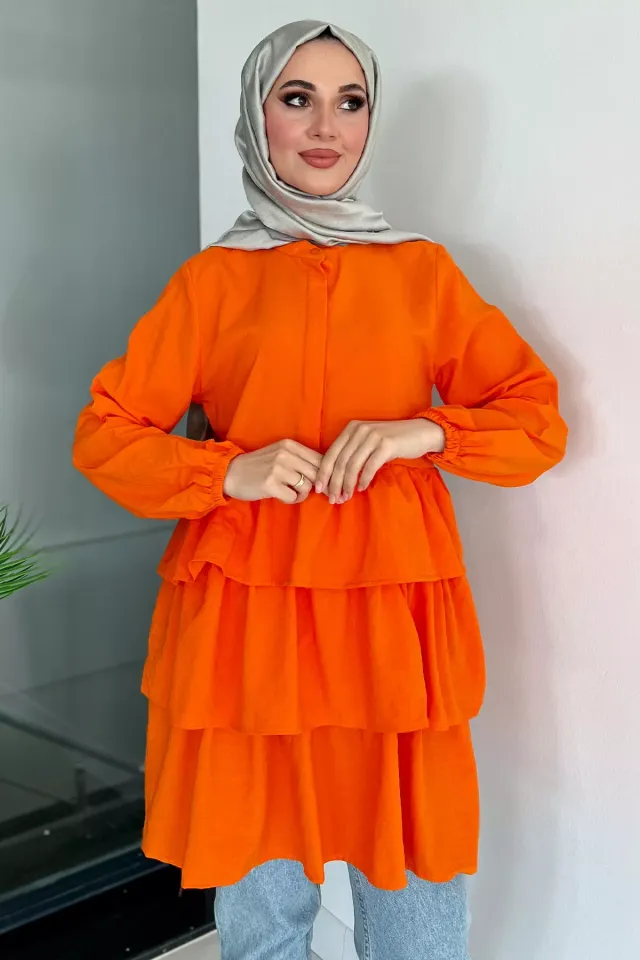 Kadın Hakim Yaka Ön Düğme Detaylı Etek Fırfırlı Tunik Orange