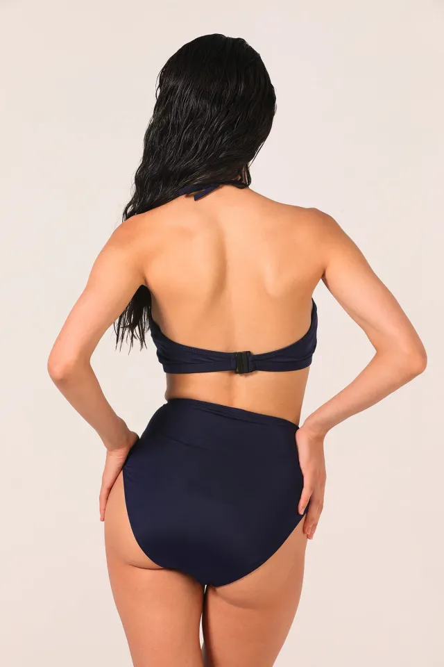 Kadın Halter Yaka Yüksek Bel Bikini Takım Lacivert