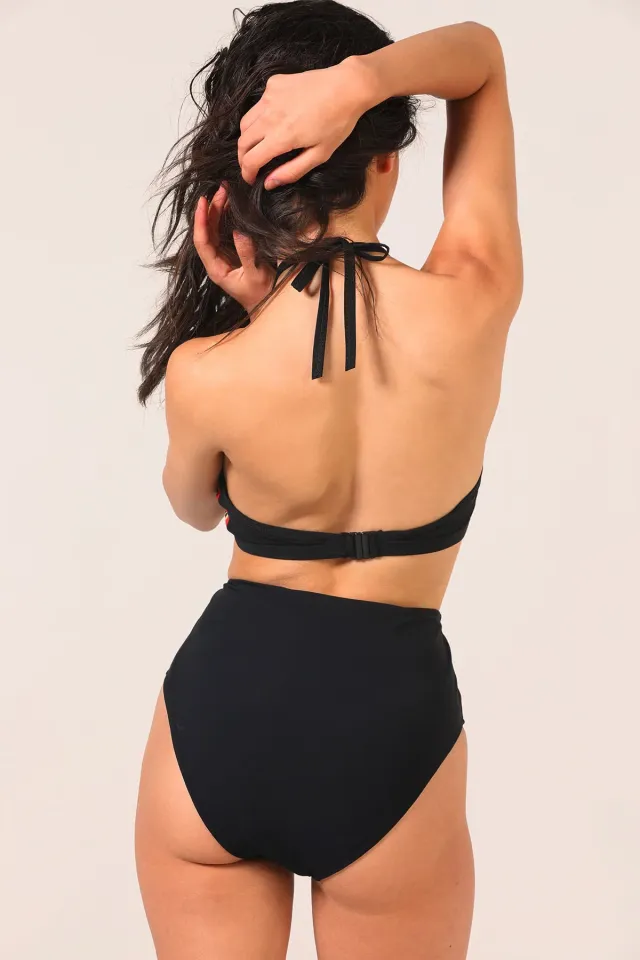 Kadın Halter Yaka Yüksek Bel Desenli Bikini Takım Siyah
