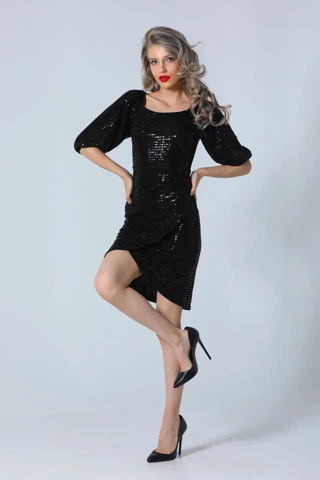 Kadın İç Astarlı Pul Payetli Işıltılı Mini Abiye Elbise Siyah