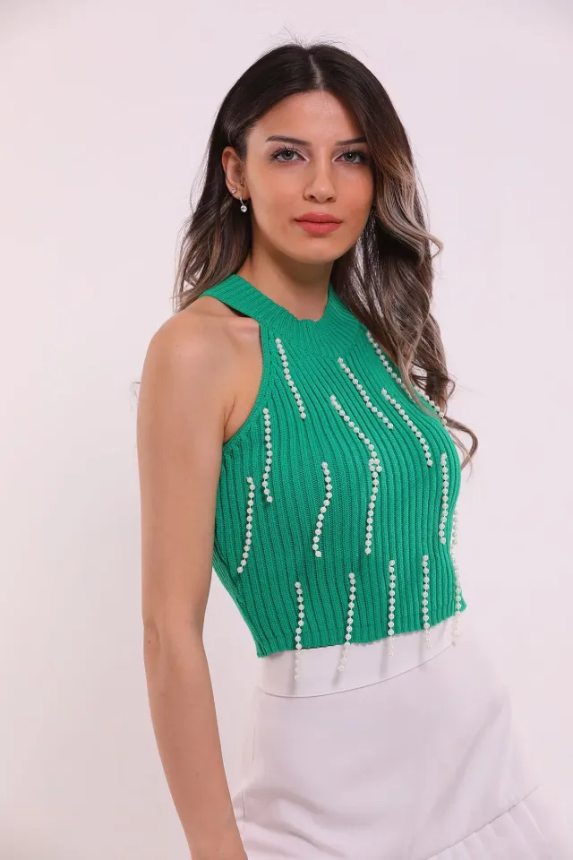 Kadın İnci Detaylı Kolsuz El İşlemeli Mevsimlik Crop Triko Bluz Yeşil