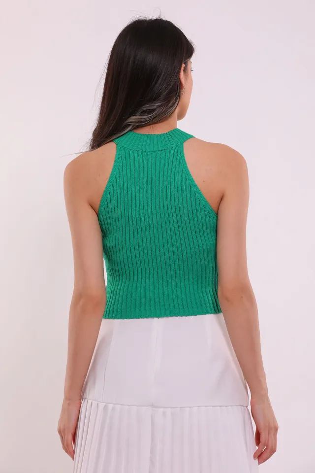 Kadın İnci Detaylı Kolsuz El İşlemeli Mevsimlik Crop Triko Bluz Yeşil
