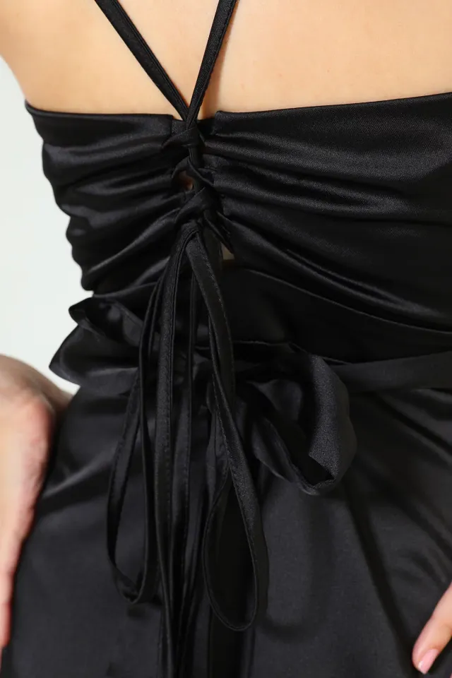 Kadın İp Askılı Fırfır Detayli Abiye Elbise Siyah