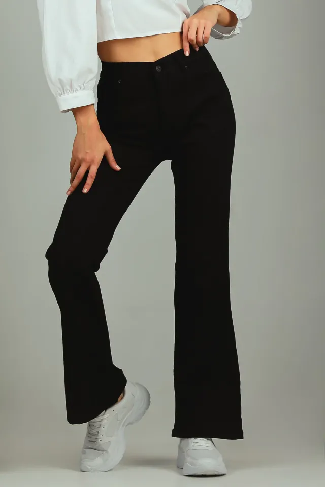 Kadın İspanyol Paça Likralı Jeans Pantolon Siyah