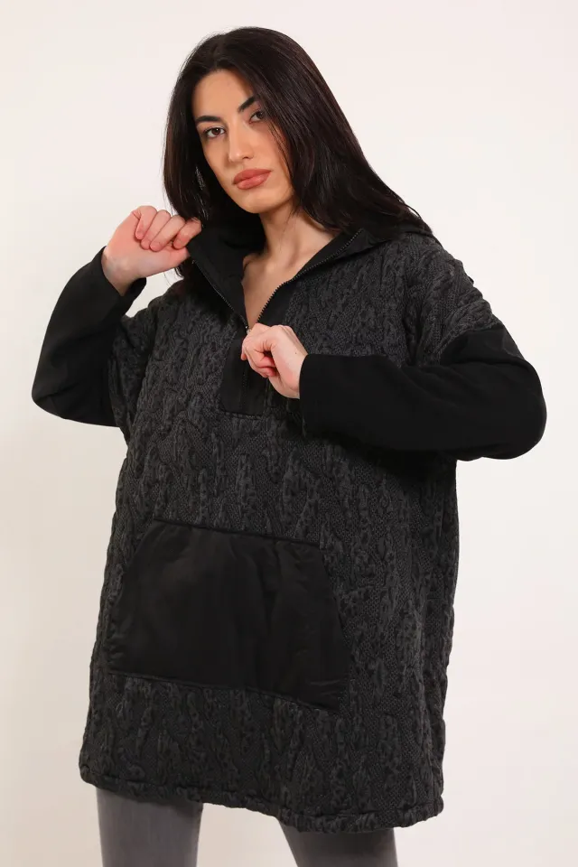 Kadın Kabartma Desenli Fermuar Detaylı Kapüşonlu Sweatshirt Siyah