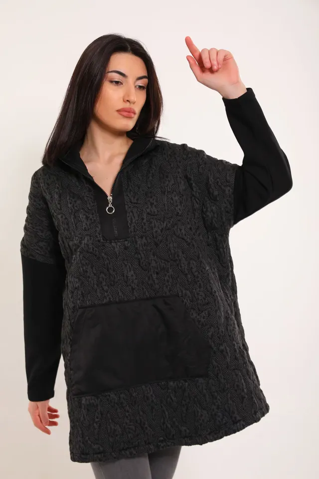 Kadın Kabartma Desenli Fermuar Detaylı Kapüşonlu Sweatshirt Siyah