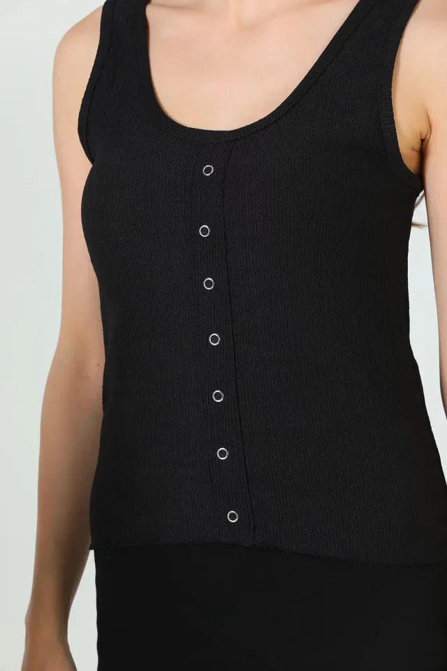 Kadın Kalın Askılı Çıtçıt Detaylı Crop Bluz Siyah