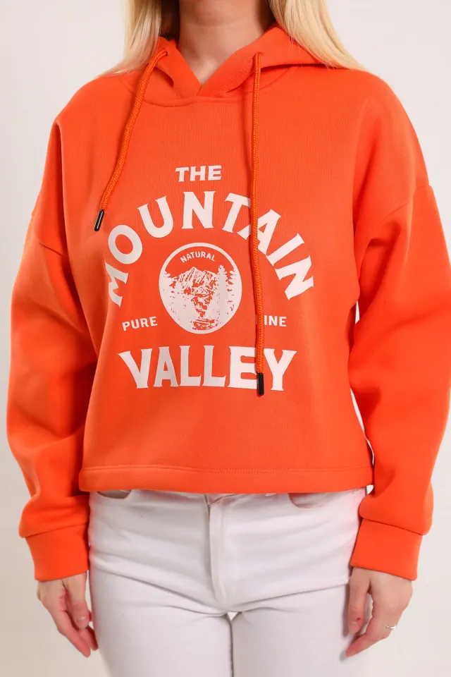 Kadın Kapüşonlu Ön Baskılı Şardonlu Crop Sweatshirt Orange