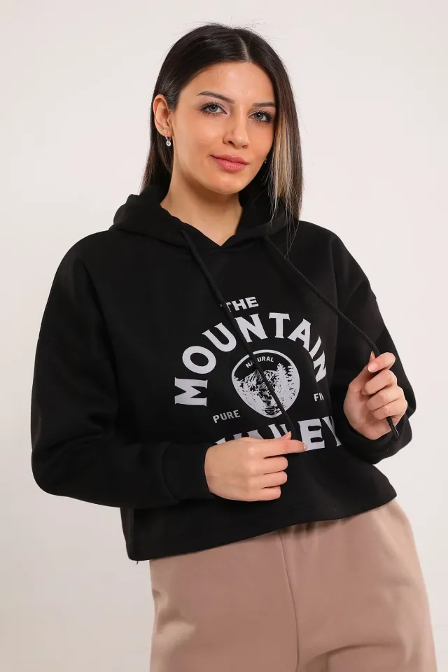 Kadın Kapüşonlu Ön Baskılı Şardonlu Crop Sweatshirt Siyah