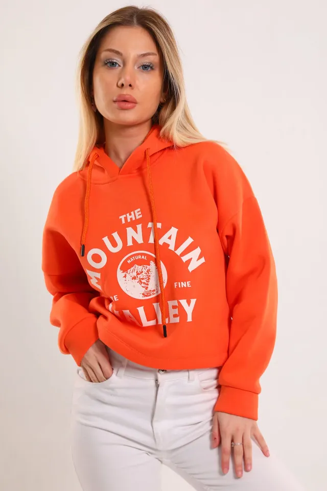 Kadın Kapüşonlu Ön Baskılı Şardonlu Crop Sweatshirt Orange