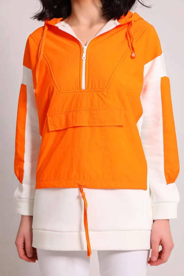 Kadın Kapüşonlu Ön Fermuar Detaylı Sweatshirt Orange