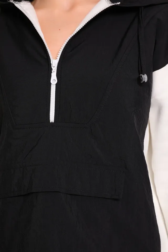 Kadın Kapüşonlu Ön Fermuar Detaylı Sweatshirt Siyah