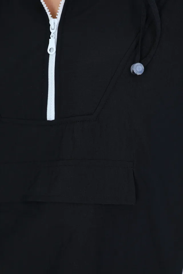 Kadın Kapşonlu Ön Fermuar Detaylı Sweatshirt Siyah