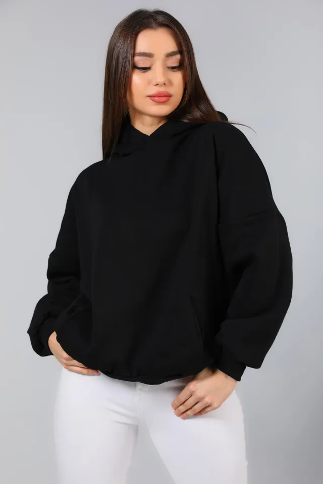 Kadın Kapüşonlu 3 İplik Şardonlu Cepli Oversize Sweatshirt Siyah