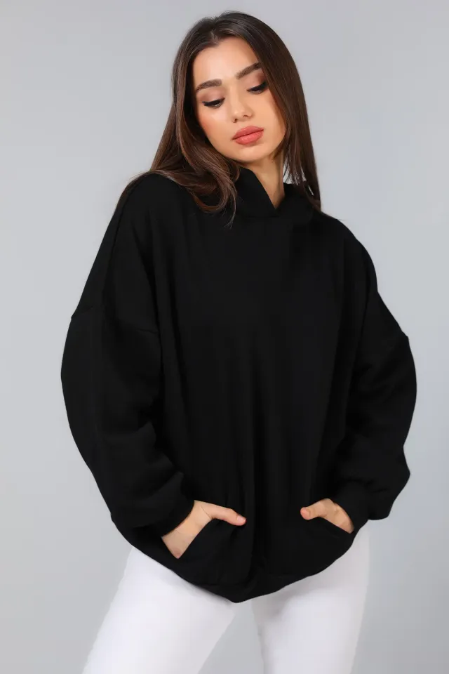 Kadın Kapüşonlu 3 İplik Şardonlu Cepli Oversize Sweatshirt Siyah