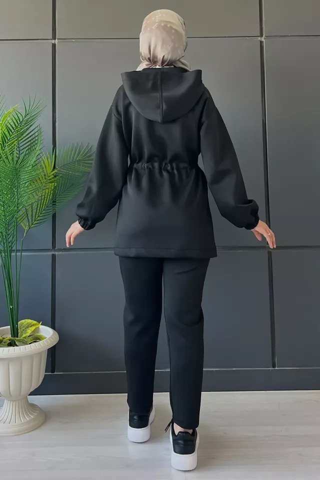 Kadın Kapüşonlu Bel Büzgü Detaylı Taşlı Tesettür Tunik Pantolon İkili Takım Siyah