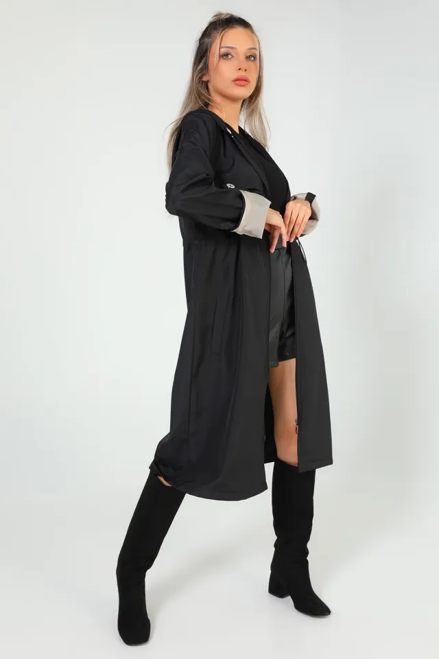 Kadın Kapüşonlu Bel Lastikli Uzun Trençkot Siyahbej