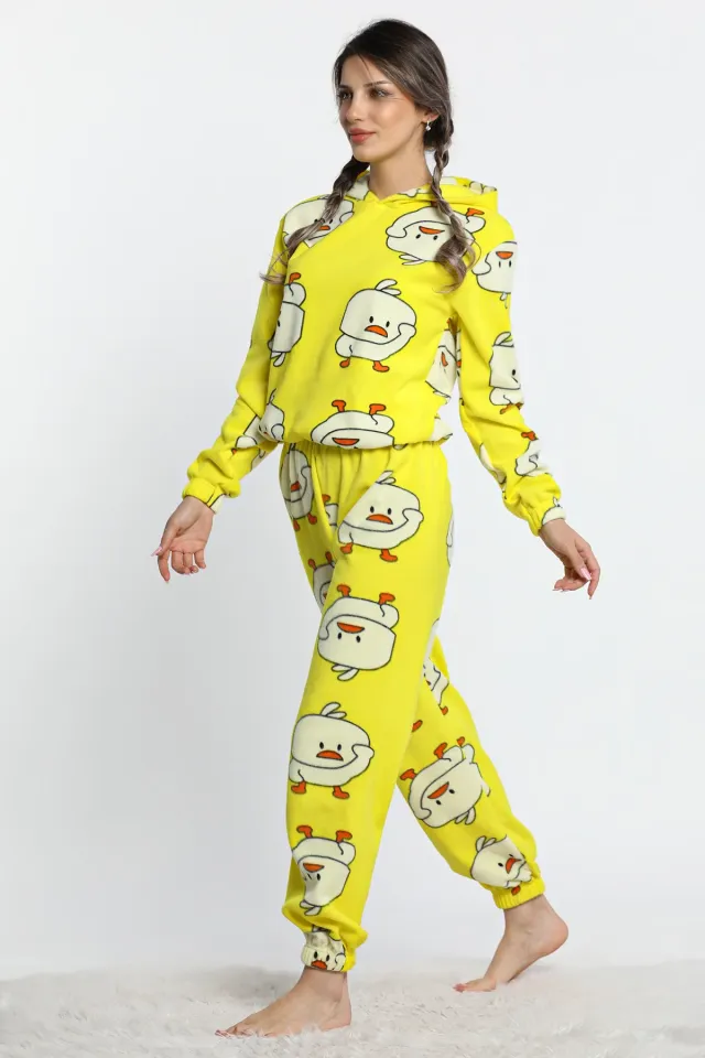 Kadın Kapüşonlu Bel Ve Paça Lastikli Civciv Desenli Polar Pijama Takımı Sarı