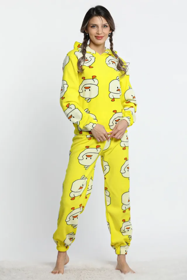 Kadın Kapüşonlu Bel Ve Paça Lastikli Civciv Desenli Polar Pijama Takımı Sarı
