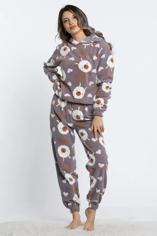Kadın Kapüşonlu Bel Ve Paça Lastikli Desenli Polar Pijama Takımı Gri