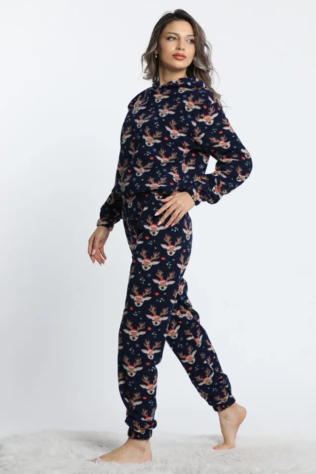 Kadın Kapüşonlu Bel Ve Paça Lastikli Geyik Desenli Polar Pijama Lacivert