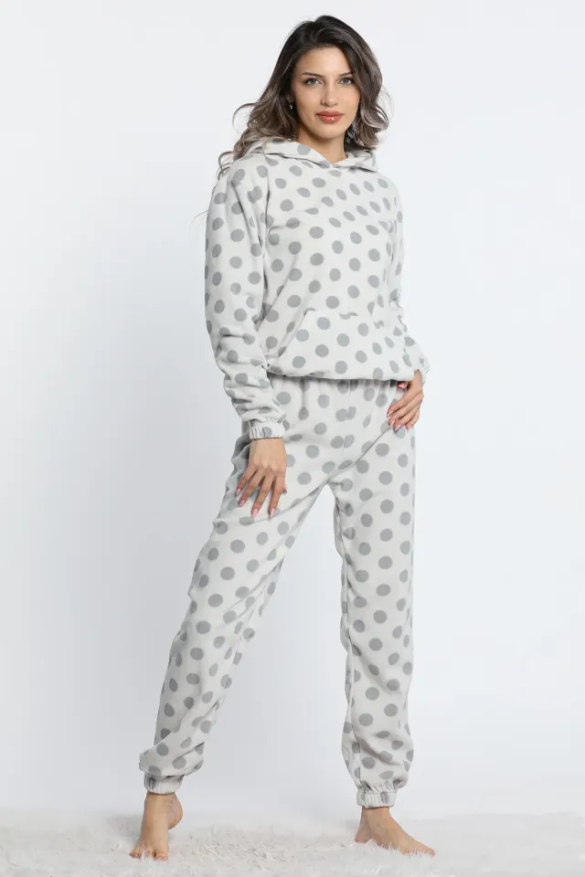 Kadın Kapüşonlu Bel Ve Paça Lastikli Puantiyeli Polar Pijama Takımı Krem