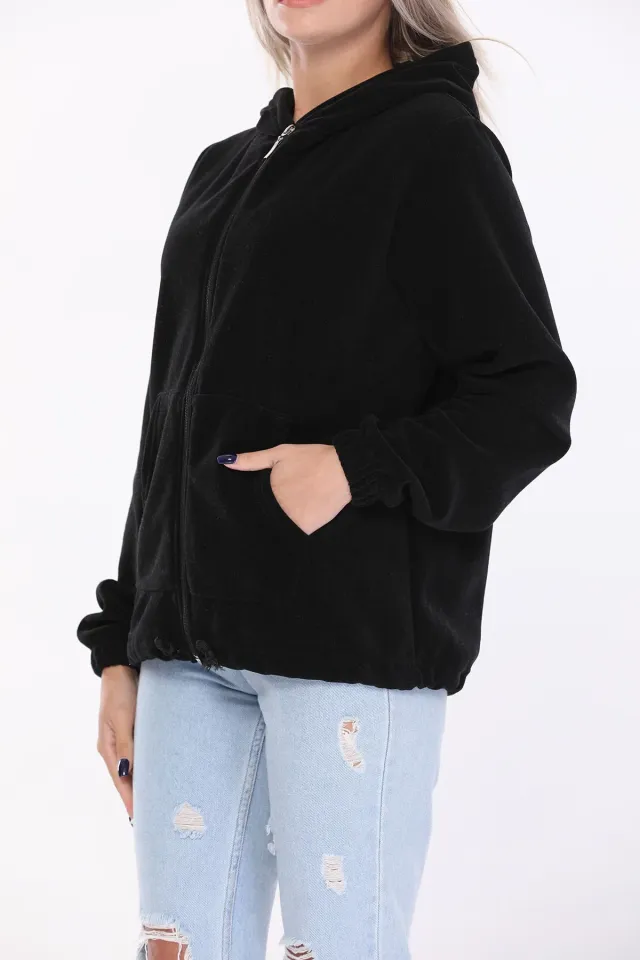 Kadın Kapüşonlu Beli Büzgülü Fermuarlı Polar Sweatshirt Siyah