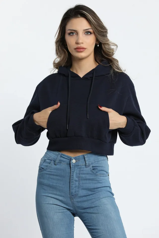 Kadın Kapüşonlu Crop Sweatshirt Lacivert